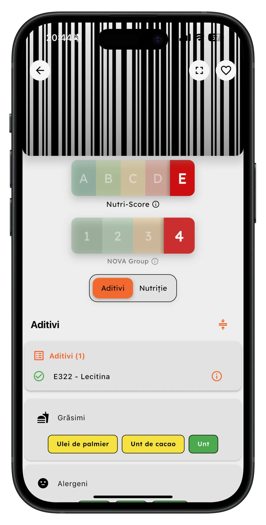 Ecranul de rezultat al aplicației Scanner Alimente, cu Nutri-Score, grupa NOVA și aditivii produsului